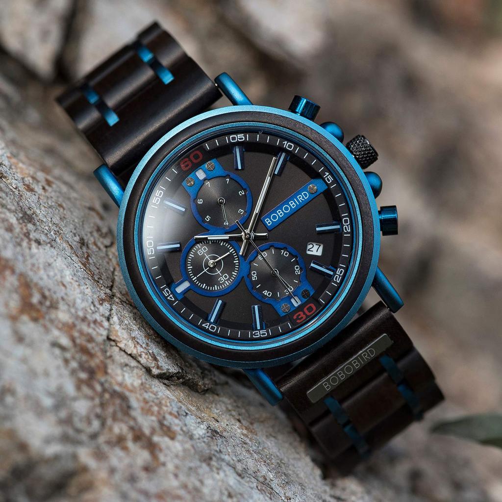 BOBO BIRD S18-6 Men's Wooden Watch, Japanese Quartz Chronograph, Luminous, Wooden Gift Box, Blue