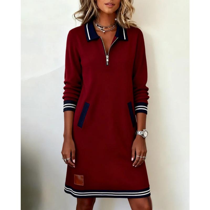 Women S Casual Long Sleeve Turn Down Collar Color Block Dress With Zipper Pocket