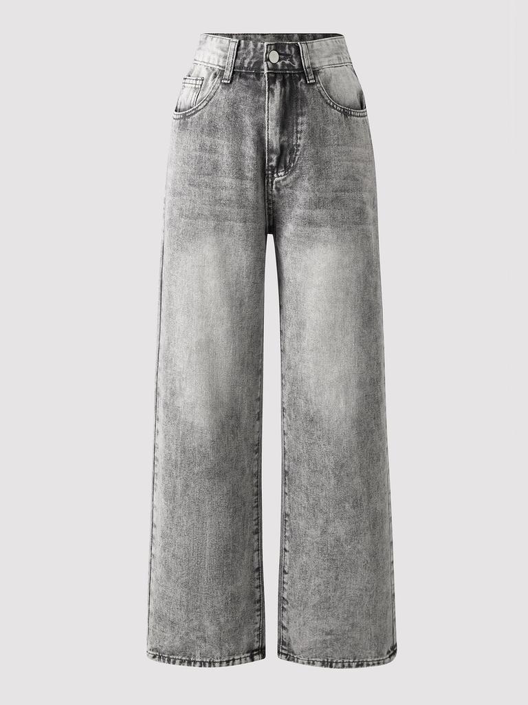 Teen Girls' Adjustable Waist High-Waisted Wide-Leg Jeans - Simple Design