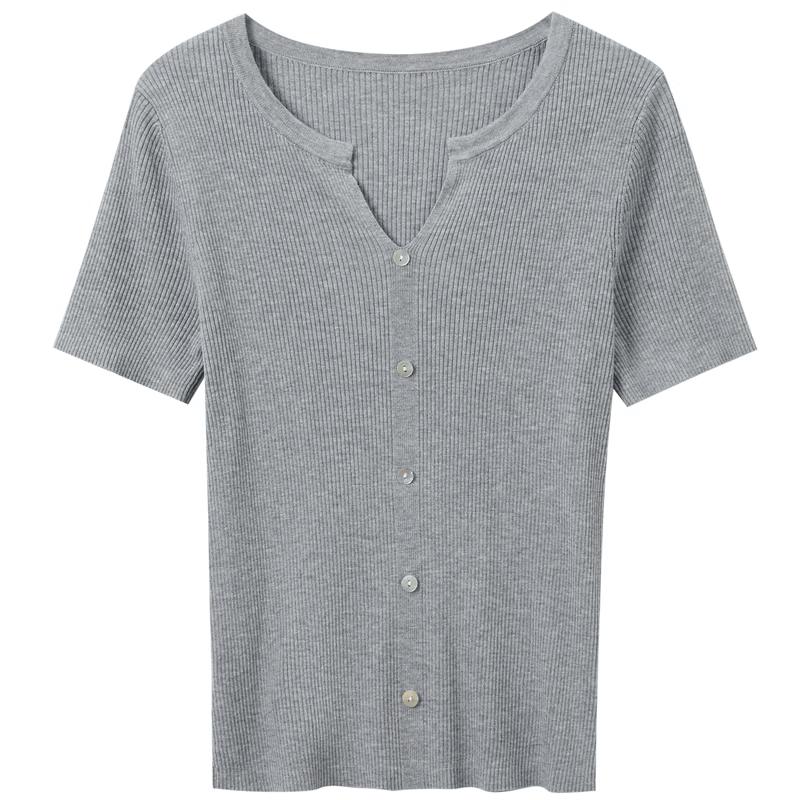 Sancai Women s Lyocell Blend V-Neck Slim Fit Knit Short Sleeve Top L