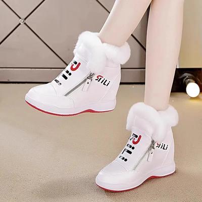 Fashion 7cm Rabbit Fur Inside Women's Shoes Autumn Winter Warm Cotton Shoes Thick Sole Wedge Double Zipper Casual Shoes Snow Boots