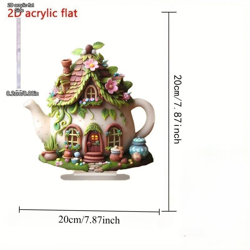 Decorazione Desktop Acrilica Piatta 2D, Incantevole Casa Teiera, con Base, Adatta per Decorazione Murale, Portico, Stanza, Villa, Accenti Casa, Corridoio, o Lavoro