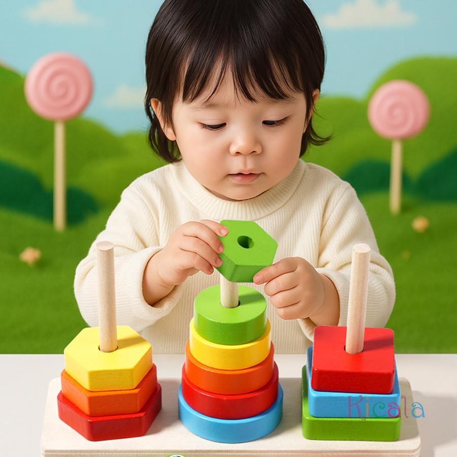 Wooden Animal Tower Toy for Color Set Colorful Cylinders Hand-Eye Coordination Exercise  Intelligence Development Birthday Kids