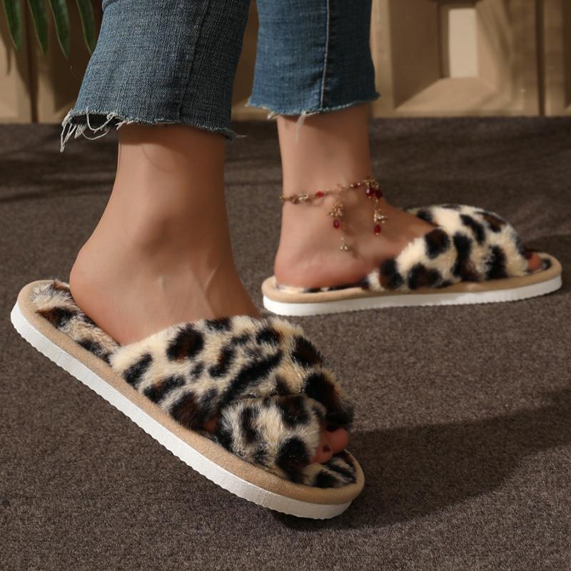 Fashion Women Fluffy Slippers Cross Band Soft Plush Cozy House Shoes Furry Open Toe Indoor Outdoor Slip Warm Anti Skid Sole