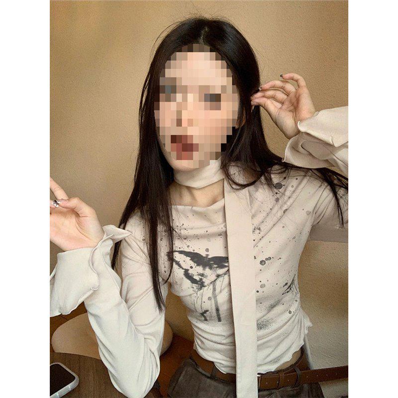 

Women s Chic Slimming Off-Shoulder Butterfly Print Long-Sleeve Top Large абрикосовый