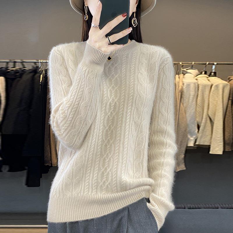 Women's Solid Color Wool Knit Sweater: Round Neck, Cashmere, Jacquard, Autumn/Winter Pullover