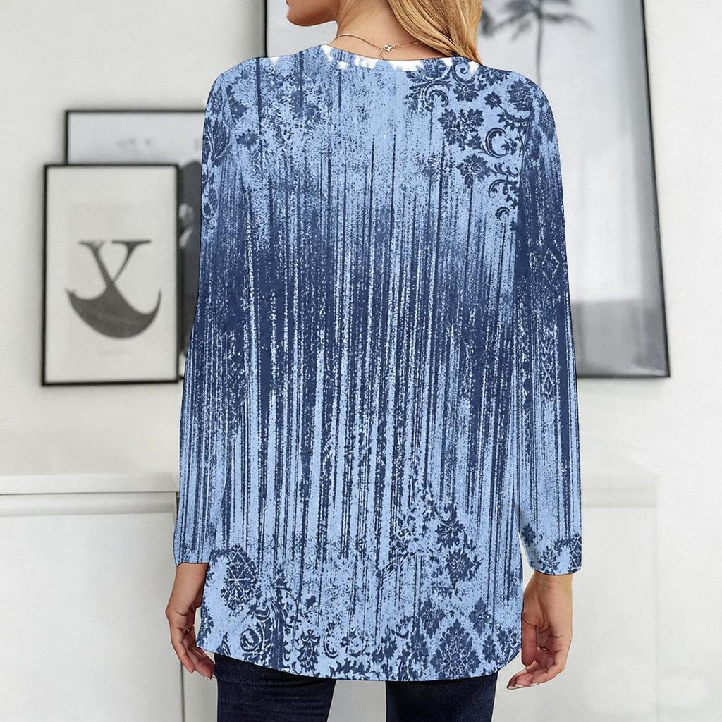 Women Plus Size Round Neck Long Sleeve Abstract Printed Loose Longline T Shirt With Pockets