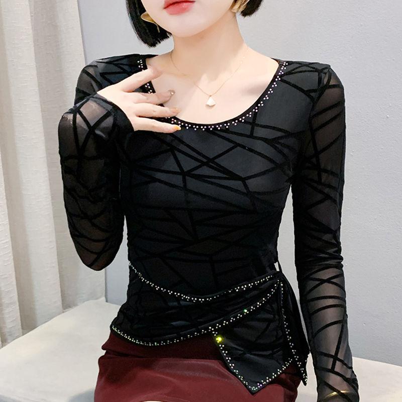 New Long Sleeve Striped Flocking T-shirt Women's O-Neck Hot Diamonds Tees Fashion Irregular Elastic Slim Tops Shirts