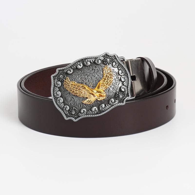 Vintage Cowhide Leather Eagle Belt - Western Cowboy Style for Youth & Stylish Guys