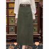 Women's Retro Hong Kong Style Green High-Waisted Mid-Length Skirt with Zipper and Tie