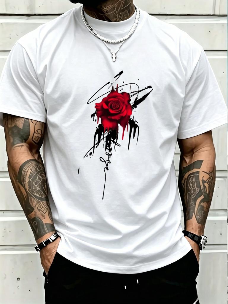 Graphic T-Shirt Gothic Dripping Red Rose Short Sleeve Crew Neck for Man