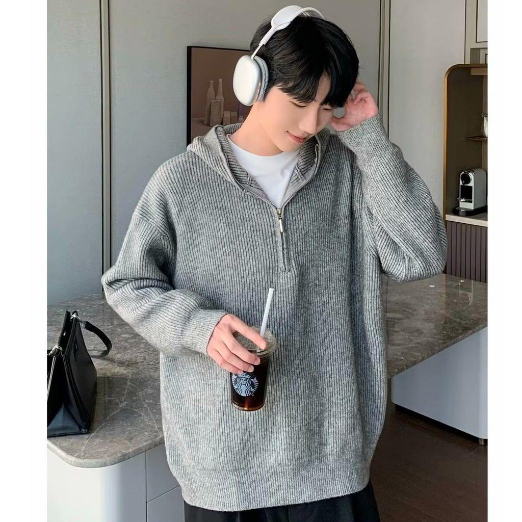 Men's Retro Half-Zip Loose Knitted Hoodie (Autumn/Winter Collection)