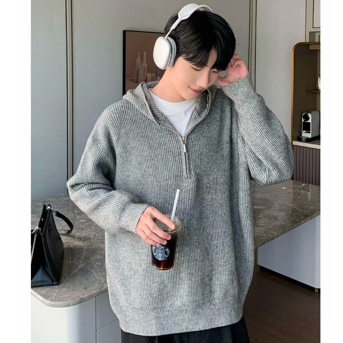 Men s Retro Half-Zip Loose Knitted Hoodie (Autumn/Winter Collection) M серый