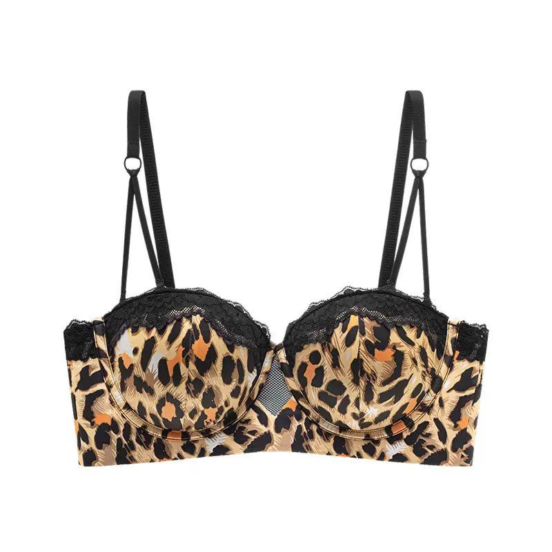 Lace Trim Leopard Print Strapless Push-Up Women's Bust Enhancing Bra Set
