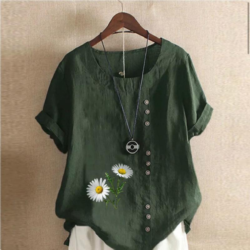 Women's Fashion Round Neck Short Sleeve T-shirt Casual Cotton Linen Graphic Shirt Chrysanthemum Prined Summer Blouse Tops Plus Size