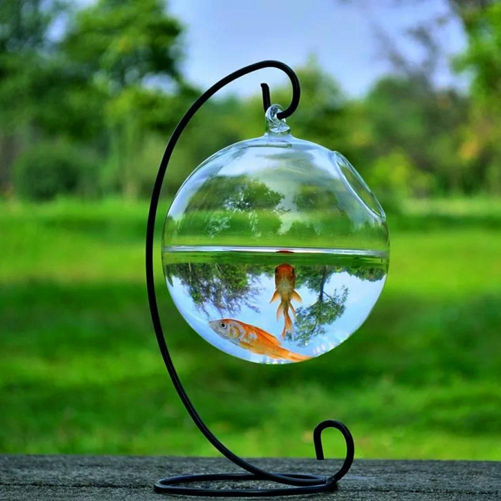 

1Set Round Shape Hanging Glass Aquarium Fish Bowl Tank Flower Plant Vase with 12cm Height Rack Holder Home Decoration чёрный