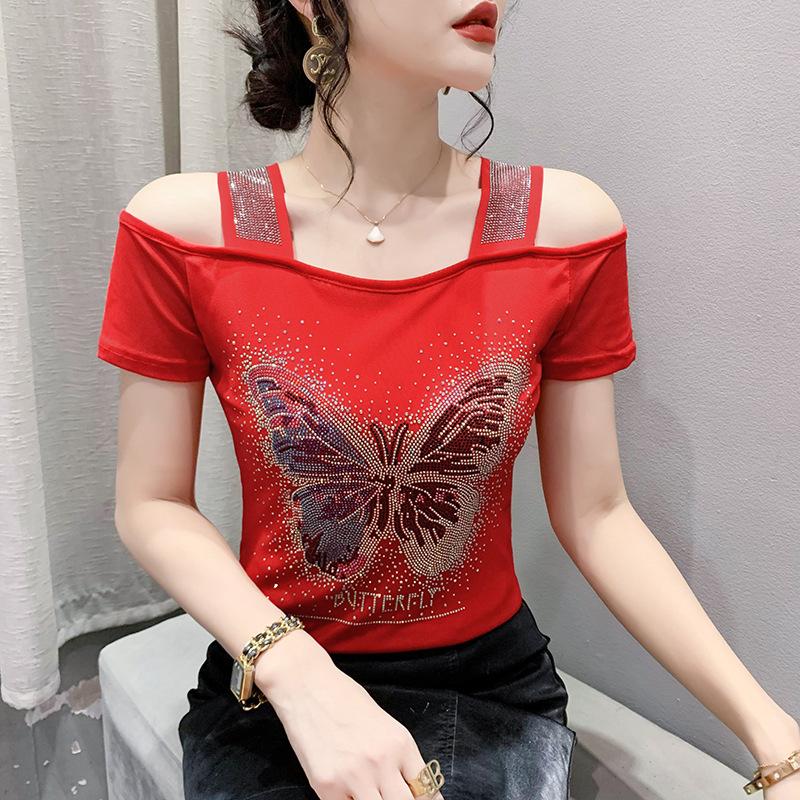 

Сексуальная женская футболка с ромбовидным узором, одна длина, темпераментная сетчатая рубашка, интригующий топ с открытыми плечами, лето XL красный