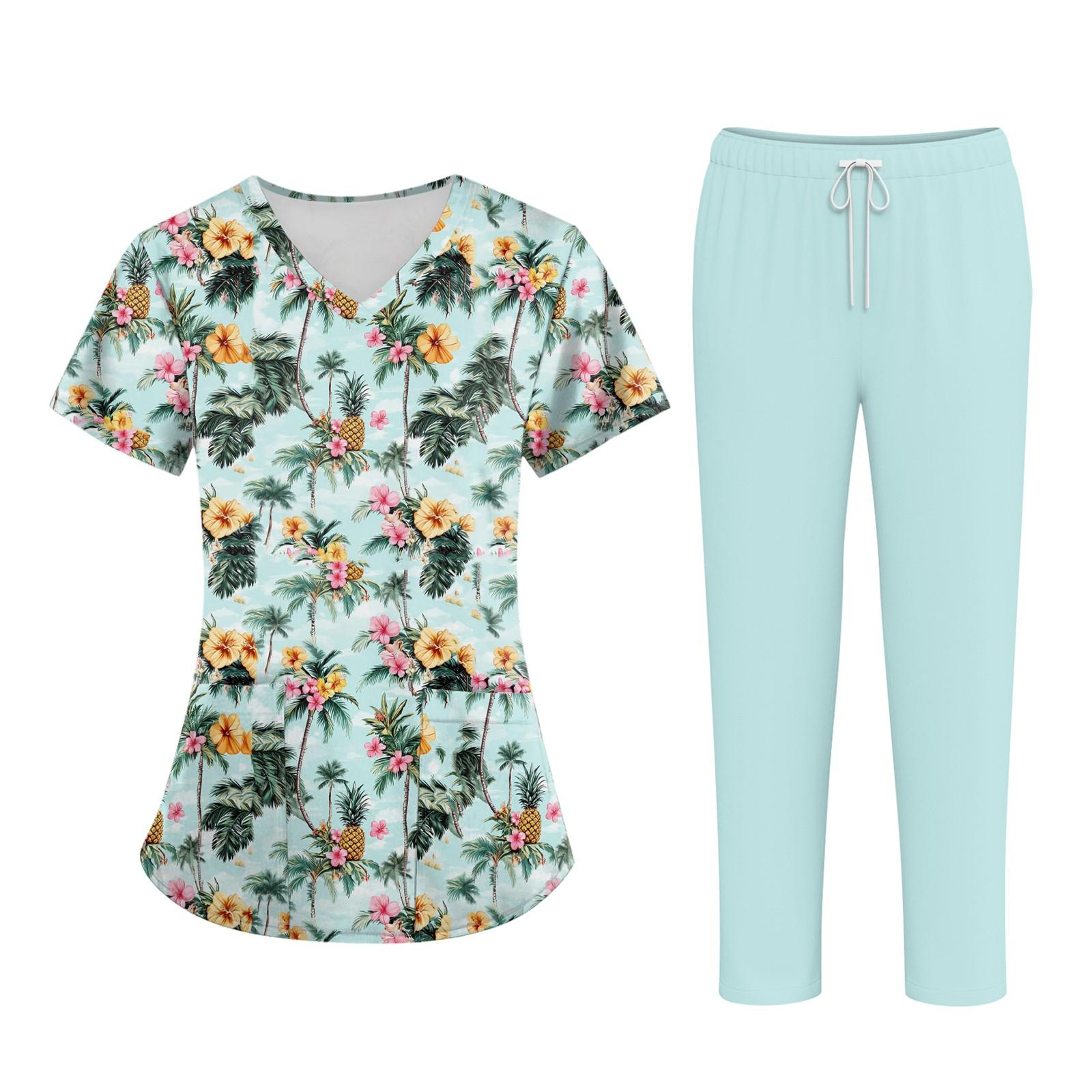 

Плюс размерСкраб с принтом Рабочая форма Топы для женщин Крест V-образным вырезом Хэллоуин Принт с короткими рукавами Забавные футболки Спецодежда Футболка с карманами XL циан