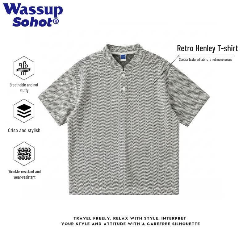 Wassup Sohot Men s Vintage Henley Neck Short Sleeve T-Shirt 2XL