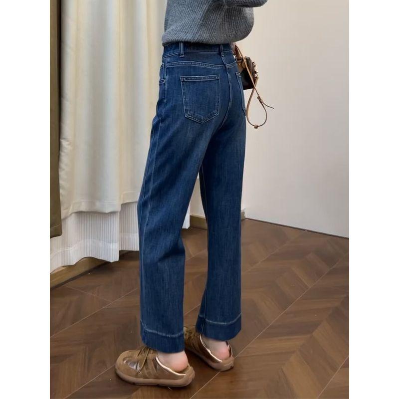 Blue Straight-Leg Jeans for Women, Summer New Style, Plus Size, High-Waisted, Stretchy, Slimming, Cropped Wide-Leg Pants for Pear-Shaped Body