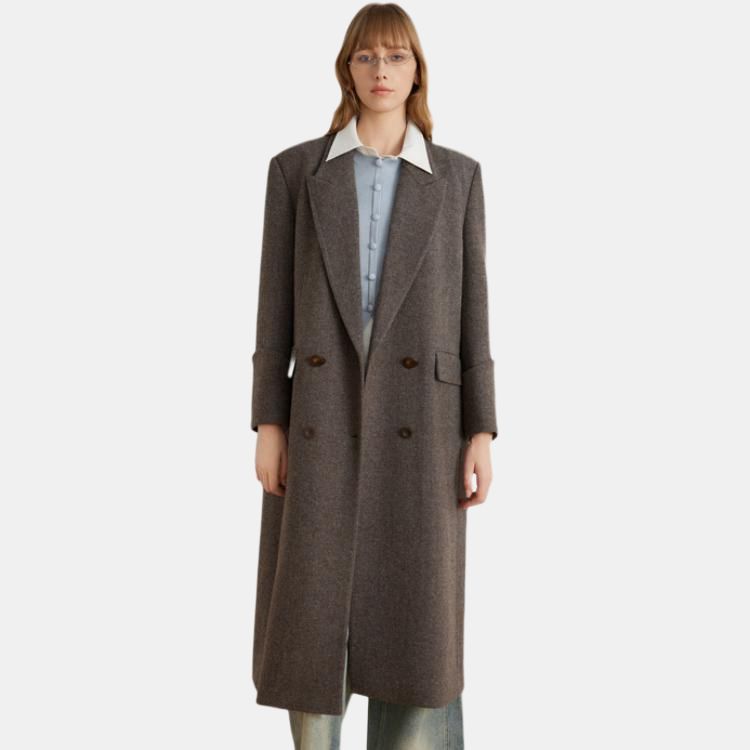 ELLE French Vintage Style Suit Lapel Solid Color Double Breasted Simple Long Coat Women coats Dark-Brown L7WNS004