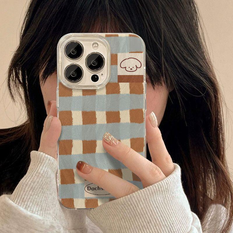 Grid Pattern Puppy Clear Phone Case For iPhone 16 Pro Max 15 14 13 12 11 Pro Max 14 15 Plus Shockproof Transparent Soft Cover