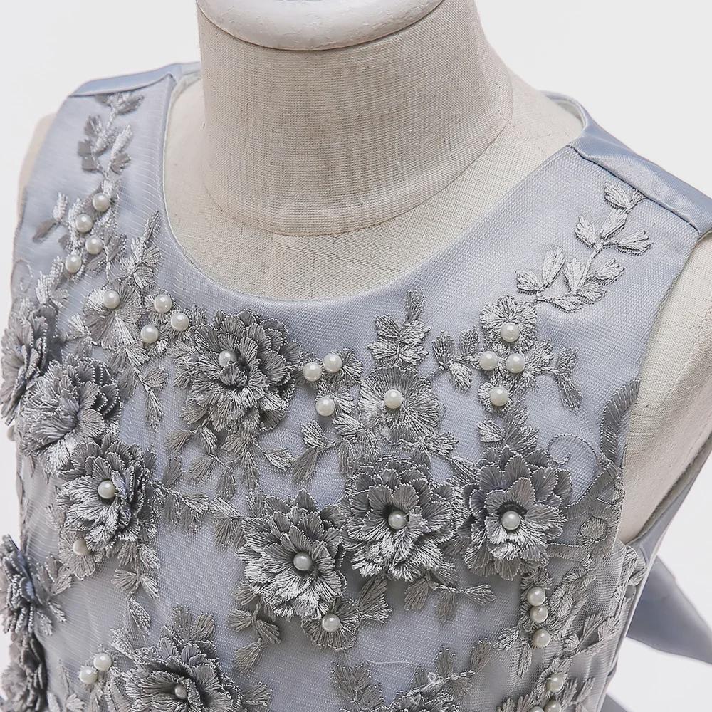 2024 Szara, koralikowa, kwiatowa sukienka księżniczki dla dziewczynek - długa, puszysta, idealna na wesela lub wybiegi