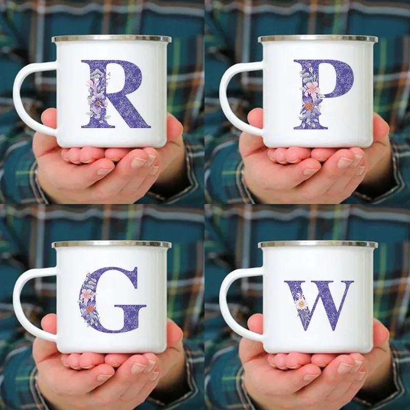 Drinks Water Milk Cups 26 Initials Letter Purple Flower Print Enamel Mug Coffee Cup Thermal Coffee Cup To Carry Cupshe Drinkware