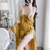 Women's Thin Sexy Ice Silk Pajamas Three-piece Spring and Summer Suspender Shorts Bathrobe Kimono with Chest Pad