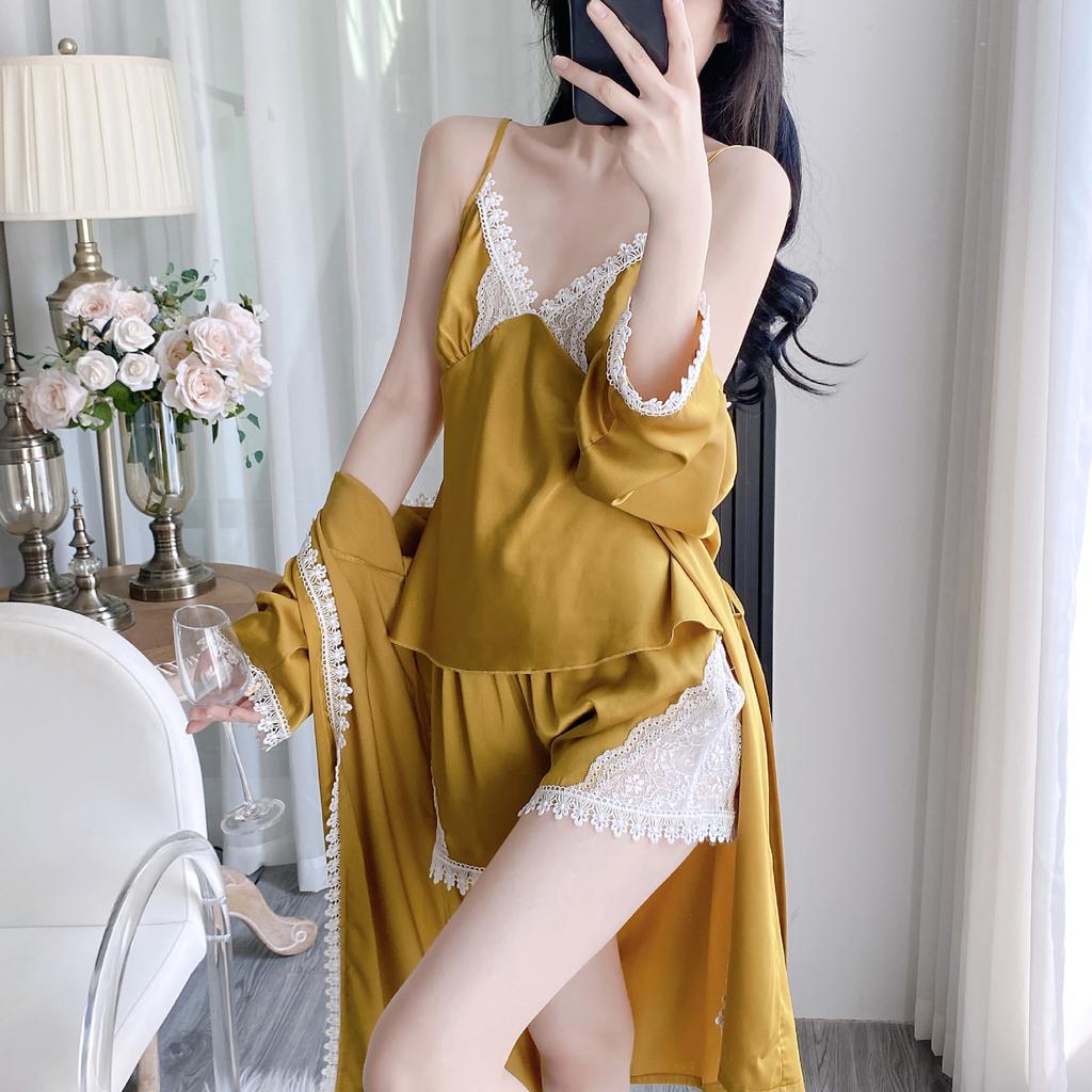 Women's Thin Sexy Ice Silk Pajamas Three-piece Spring and Summer Suspender Shorts Bathrobe Kimono with Chest Pad