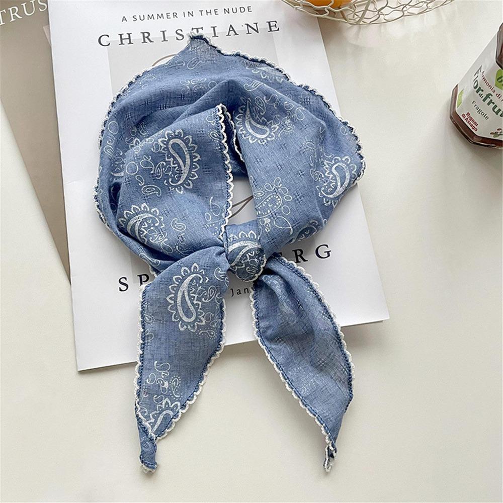 Lightweight Floral Triangle Scarf Korean Style Thin Vintage Neck Scarf Head Wrap Breathable Cotton Linen Scarf for Women