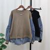 Autumn and Winter New Denim Splicing Knitted Sweater Top Women's Design Sense Loose Casual Fake Two-piece Sweater Pullover
