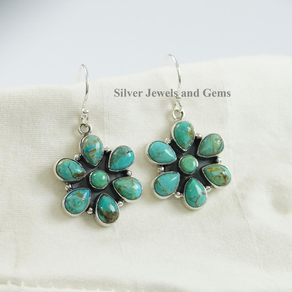 Natural Turquoise Dainty Flower Earrings, Dangle Earrings, 925 Sterling Silver Earrings, Cluster Jewelry, Gift for Mom, Birthday Earrings