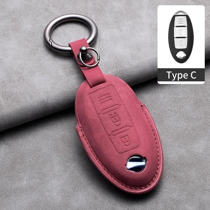 Leren Autotoets Afstandsbediening Sleuteletui Cover Shell Voor Nissan Qashqai Juke J10 J11 X-Trail T32 T31 Kicks Tiida Pathfinder Note Voor Infiniti pink