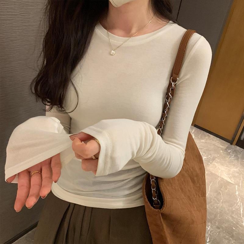 Simple Round Neck Tight Long-sleeved T-shirt Women's Autumn and Winter New Chic Soft and Waxy Versatile Slimming Bottoming Shirt Top
