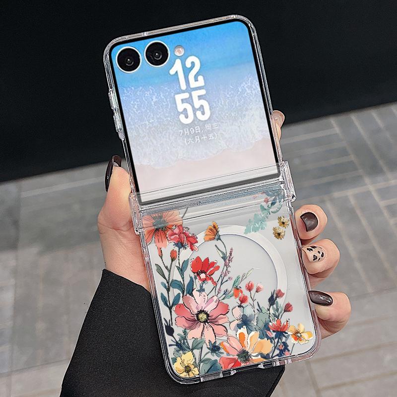 Luxury Flowers Print Case For Samsung Galaxy Z Flip 8 7 FE 6 5 Z Flip8 Flip7 Flip6 Magnetic Clear Hard PC Folding Phone Cover