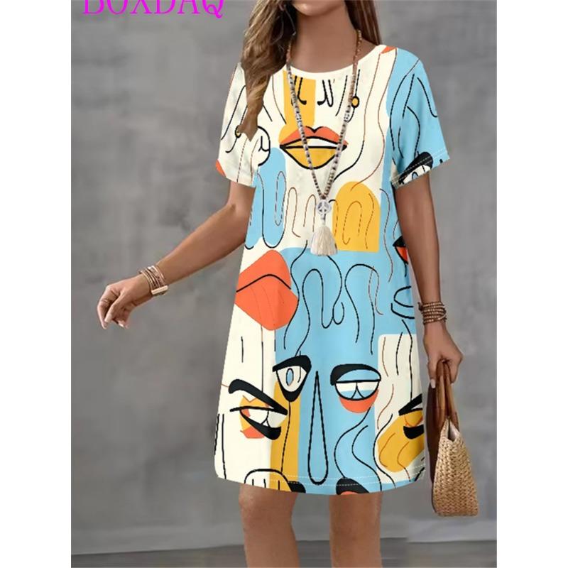 Künstlerisches Porträt von Gesichtsmustern Damenkleider Lässig bedruckt Minikleid Damen Sommer Locker Kurzarm A-Linien-Kleid Neu