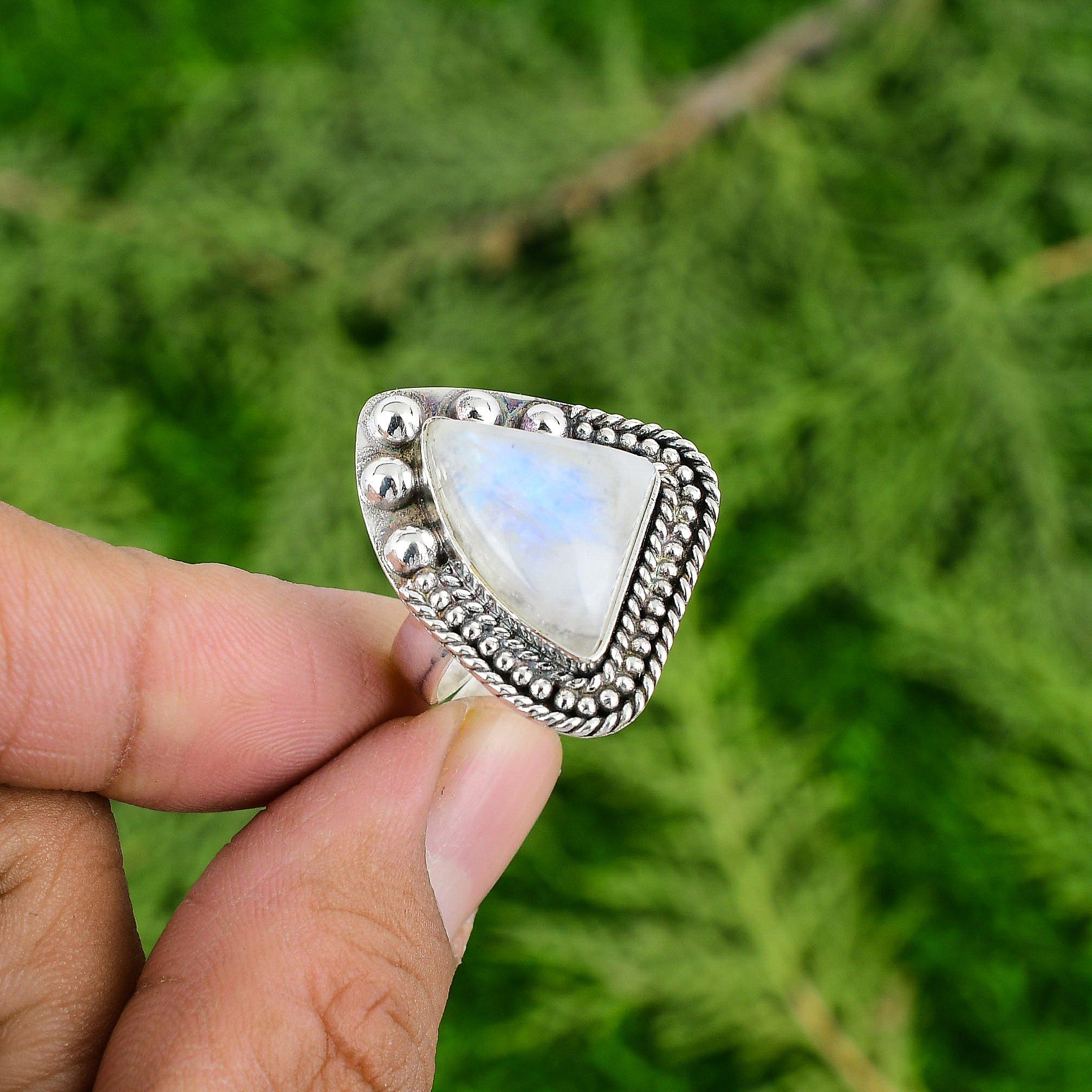 

Радужный Лунный Камень Камень Безель Солитер Ручной Работы Кольцо Матери Ювелирное Изделие Серебро 925 Adjustable