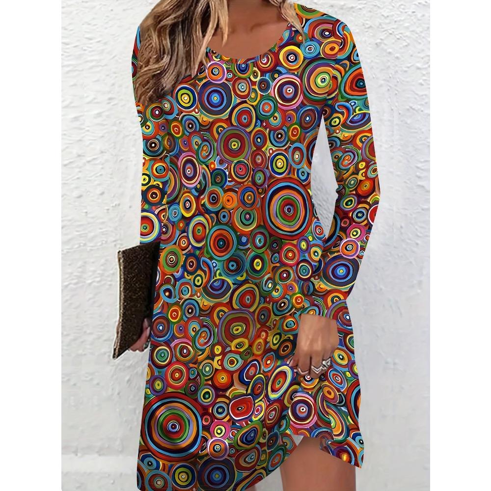 Elegantes atmungsaktives Rundhals-T-Shirt-Kleid mit kurzen Ärmeln und Allover-Muster