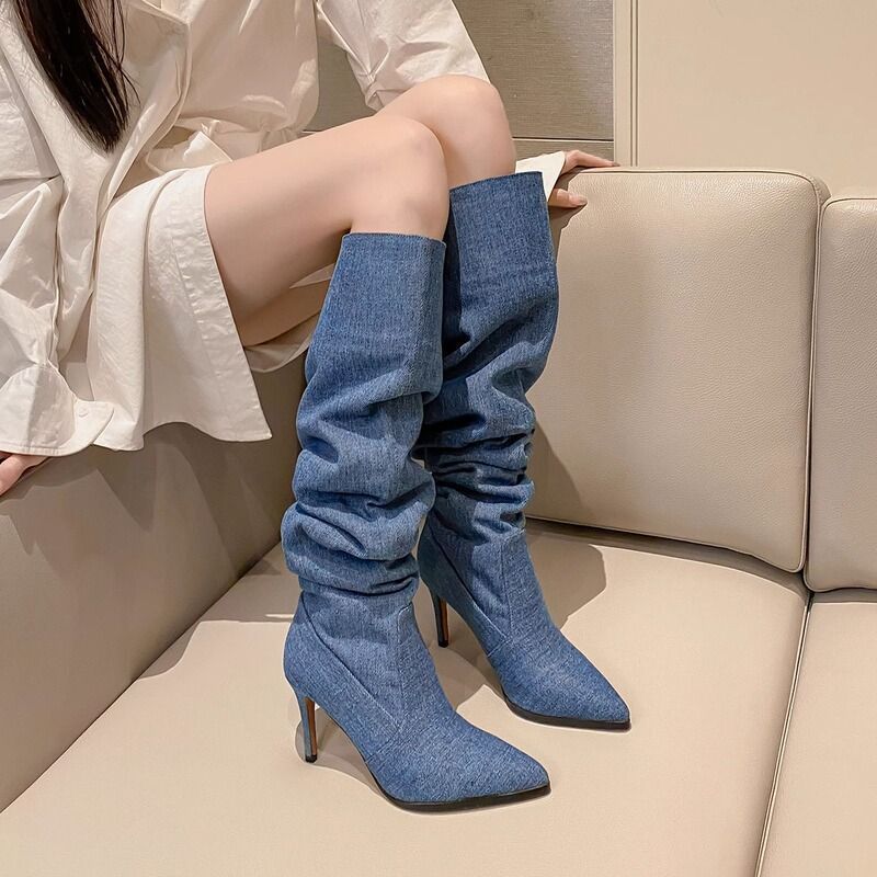 Cowboy Pile Boots Pointed Stiletto Boots Women's 2025 New Suede Super Long Tall Knee Khaki Boots