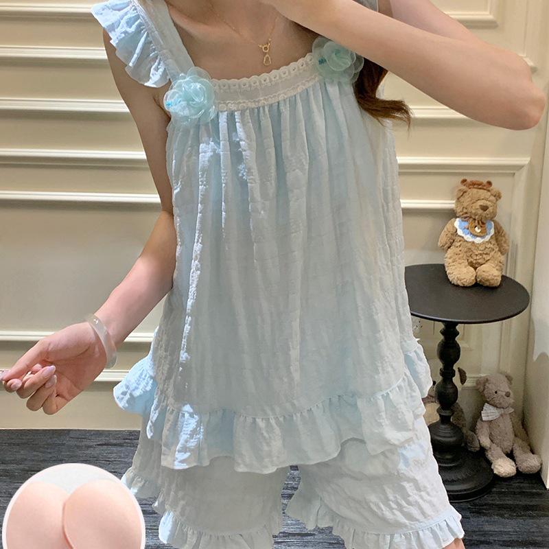 2026 Sweet Princess Style Women's Summer Pajama Set: Built-In Bra Jacquard Cloud Cotton Camisole