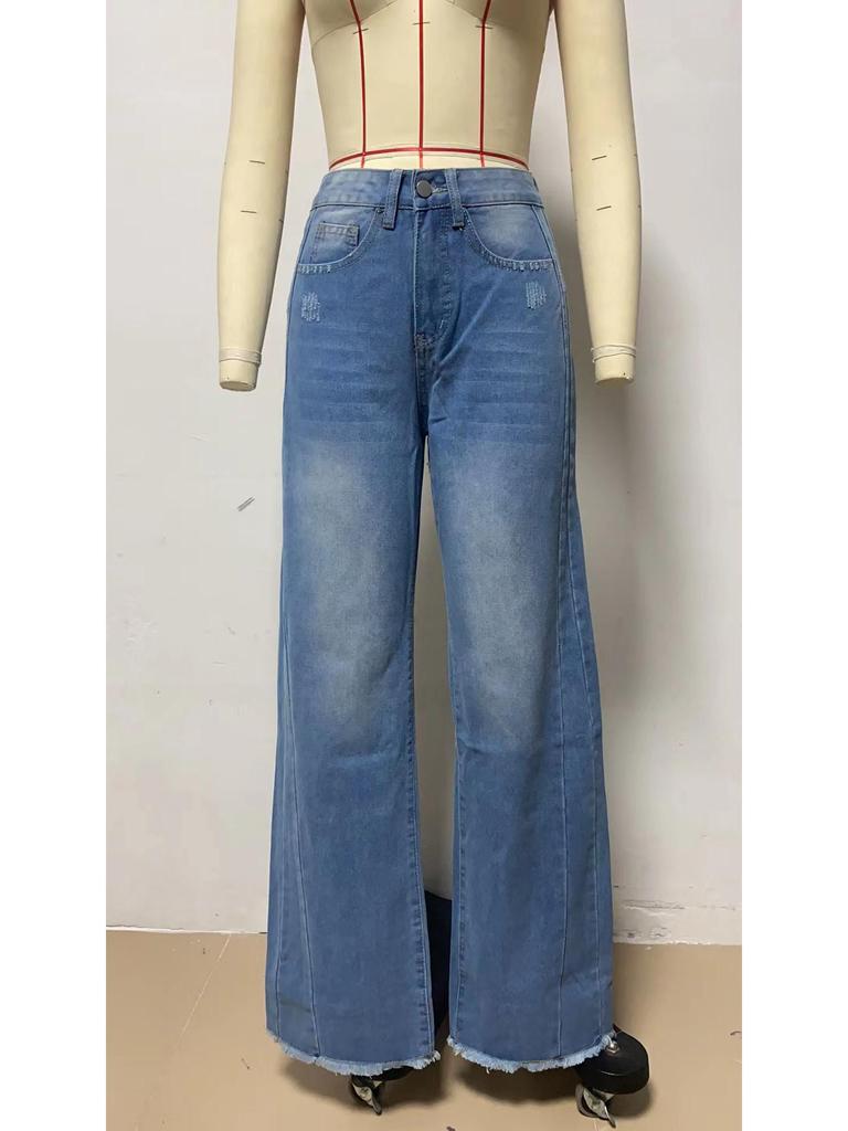 2023 Women's Loose Wide-Leg Patchwork Frayed Hem Jeans