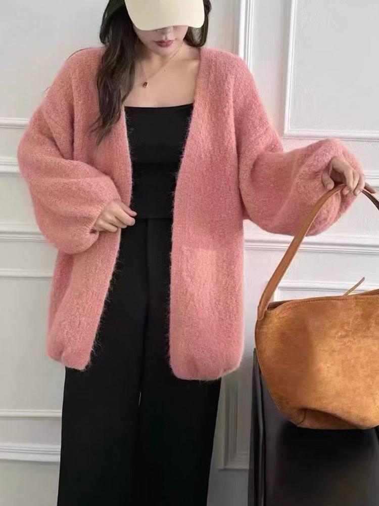 Koreanischer Lässiger Stil Laternenärmel Strickjacke - Damen Verdickter Midilanger Pullovermantel für Herbst und Winter