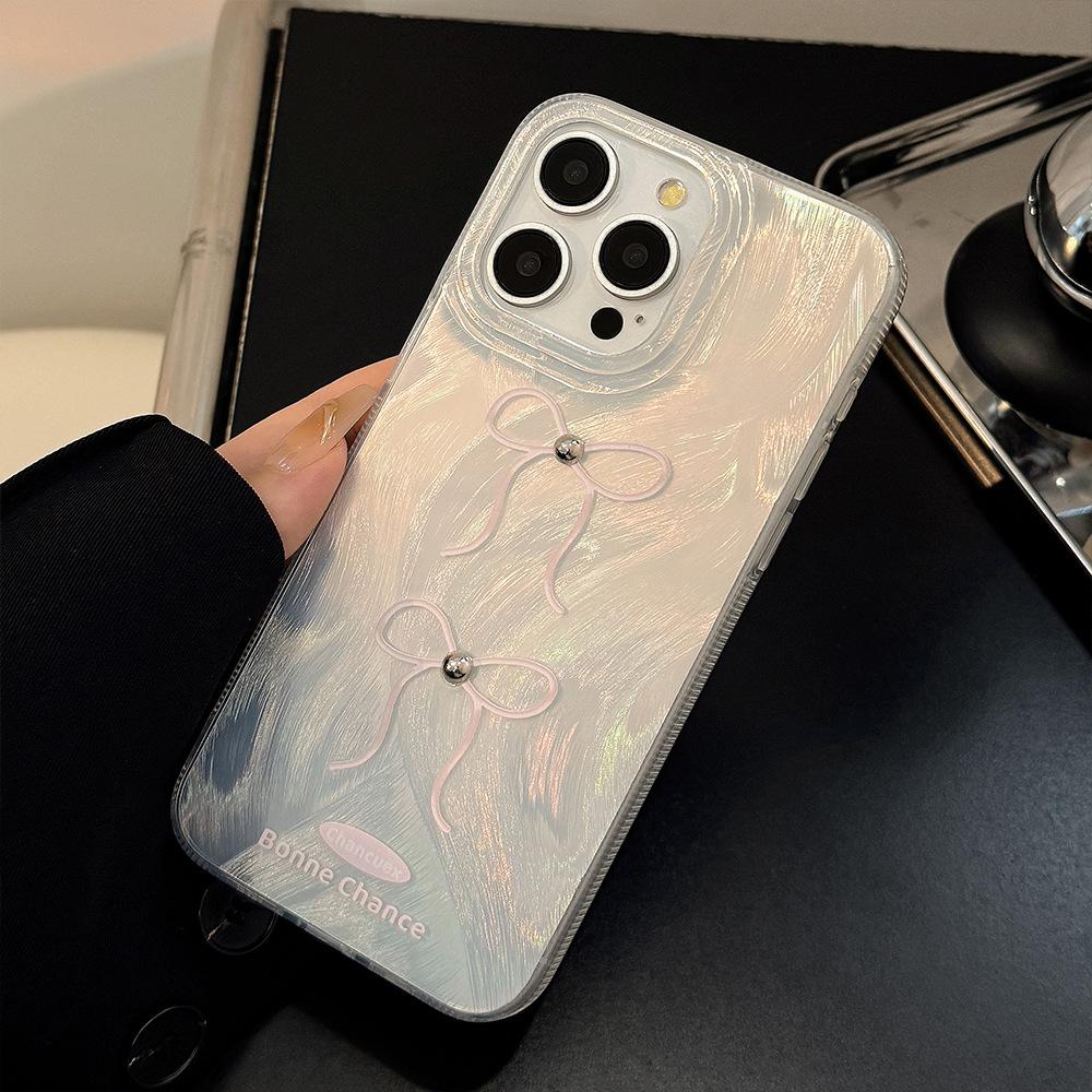 Three Dimensional Silver Pearl Powder Bow Mobile Phone Case Suitable for Apple 15promax Feather Iphone16 Anti Fall 12 Hard 14