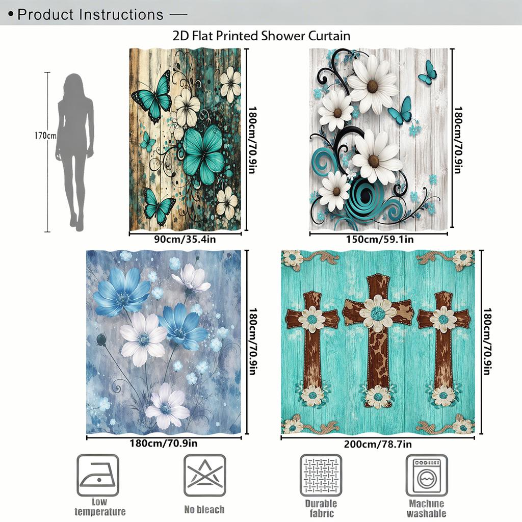 Floral & Cross Themed Polyester Shower Curtain - Artistic Bathroom Decor, Stylized Bath Curtain For Home Restroom