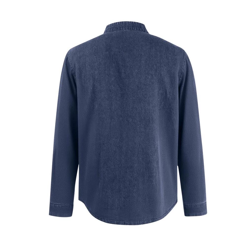 Men's Solid Color T-Shirt Washed Sports Button Pocket Lapel Collar Long Sleeve Tops