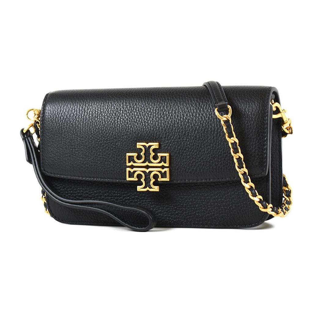 Tory Burch Britten Hollow Logo Chain Leather Shoulder Crossbody Bag Women Bags Black Black-Gold 141012-001