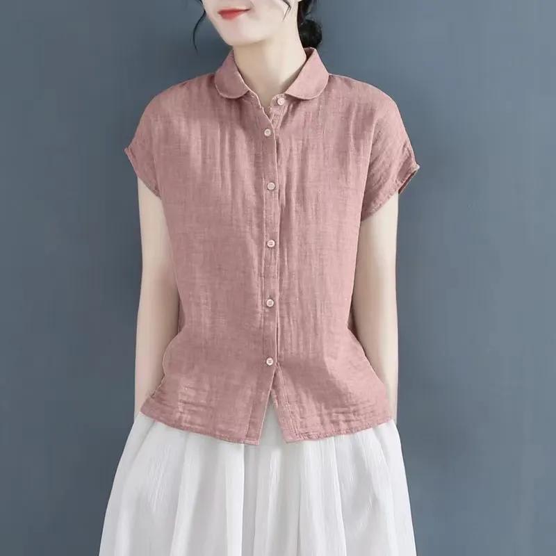 Female Summer Thin Short Sleeve Shirt Chinese Style Loose Comfortable Casual Top 2XL розовый
