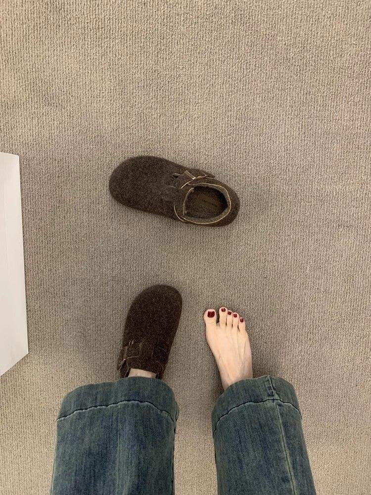 Retro round head felt fleece Birkenstocks women's fleece autumn and winter one-pedal thermal cotton ladyshoes woolen loafers