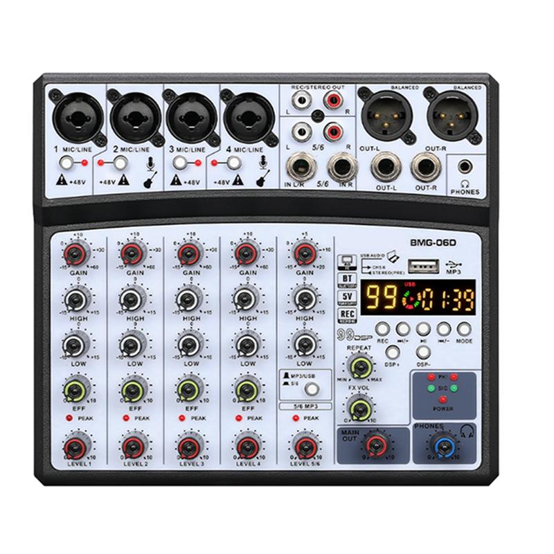 6-Kanal Audio-Mischpult Tragbare Mischkonsole USB-Schnittstelle Soundkarte Mit 99 DSP 48V Phantomspeisung